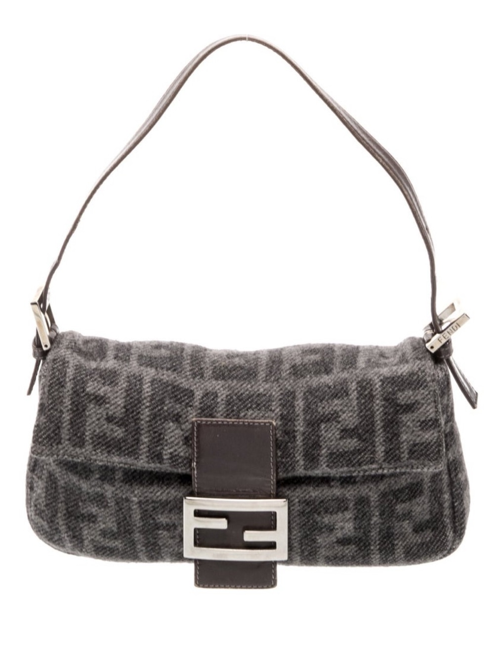 Fendi wool zucca FF logo baguette vintage shoulder bag purse grey brown leather